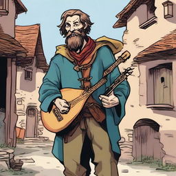 A high-quality comic book-style illustration of a tall, zany, and funny bard, who resembles a homeless vagrant from a fantasy Dungeons and Dragons setting