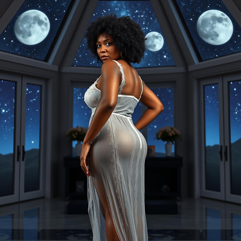 A full-body image of a beautiful mature African American woman aged 50, with curly black hair, showcasing a well-toned and curvy physique