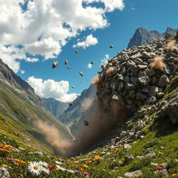 A dramatic scene of a ball of stones crashing into a deep valley, with shards of stone flying in all directions and dust clouds rising from the impact