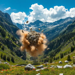 A dramatic scene of a ball of stones crashing into a deep valley, with shards of stone flying in all directions and dust clouds rising from the impact