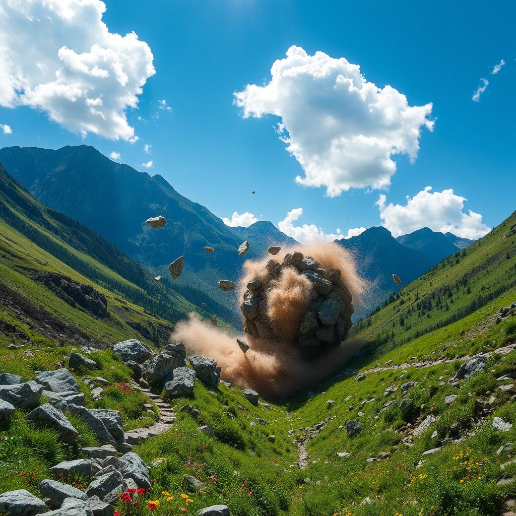 A dramatic scene of a ball of stones crashing into a deep valley, with shards of stone flying in all directions and dust clouds rising from the impact
