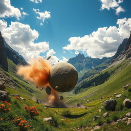 A dramatic scene of a ball of stones crashing into a deep valley, with shards of stone flying in all directions and dust clouds rising from the impact