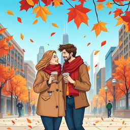 A realistic illustration of a loving couple in autumn in Chicago, holding takeaway coffee cups in their hands