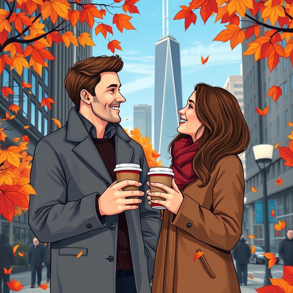 A realistic illustration of a loving couple in autumn in Chicago, holding takeaway coffee cups in their hands