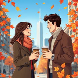 A realistic illustration of a loving couple in autumn in Chicago, holding takeaway coffee cups in their hands