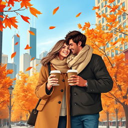 A realistic illustration of a loving couple in autumn in Chicago, holding takeaway coffee cups in their hands