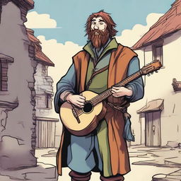 A high-quality comic book-style illustration of a tall, zany, and funny bard, who resembles a homeless vagrant from a fantasy Dungeons and Dragons setting