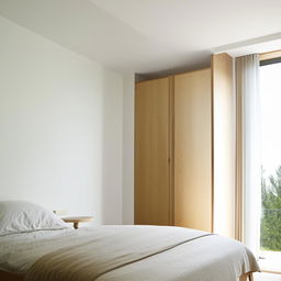 A minimalist bedroom featuring elegant wooden furniture against pristine white walls, bathed in soft, natural light.