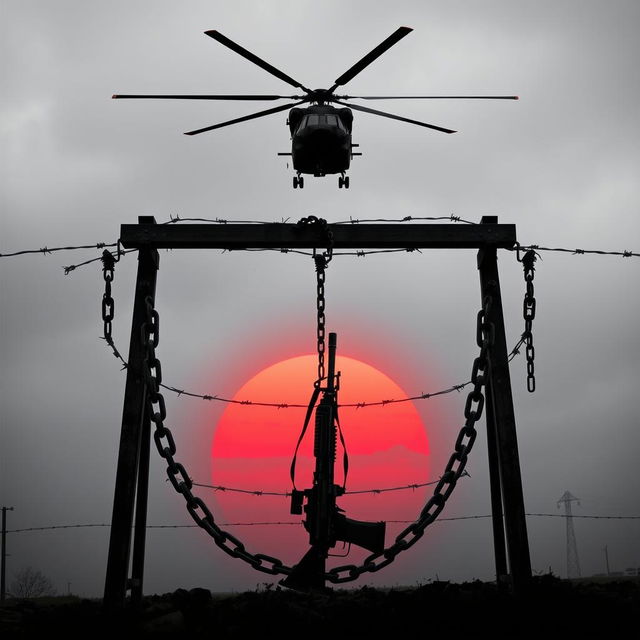 A powerful and stark scene featuring a gallows (cadafalso) at the center, surrounded by heavy chains that symbolize oppression