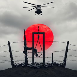 A powerful and stark scene featuring a gallows (cadafalso) at the center, surrounded by heavy chains that symbolize oppression