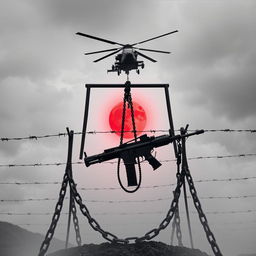 A powerful and stark scene featuring a gallows (cadafalso) at the center, surrounded by heavy chains that symbolize oppression