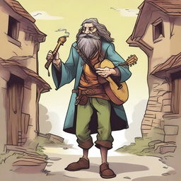 An epic, high-quality comic book-style illustration of a tall, zany, and funny bard, who resembles a homeless vagrant from a fantasy Dungeons and Dragons setting