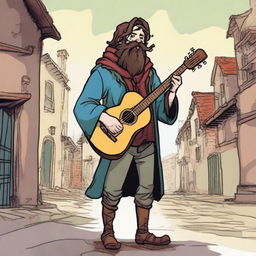 An epic, high-quality comic book-style illustration of a tall, zany, and funny bard, who resembles a homeless vagrant from a fantasy Dungeons and Dragons setting