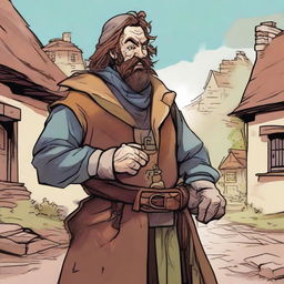 An epic, high-quality comic book-style illustration of a tall, zany, and funny bard, who resembles a homeless vagrant from a fantasy Dungeons and Dragons setting