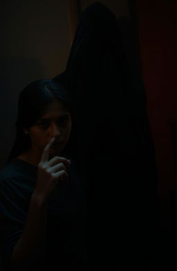 A mysterious scene in a dimly lit room, featuring a shadowy figure with deep black eyes that resemble endless voids, staring intently at a young woman named Rani