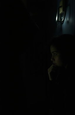 A mysterious scene in a dimly lit room, featuring a shadowy figure with deep black eyes that resemble endless voids, staring intently at a young woman named Rani