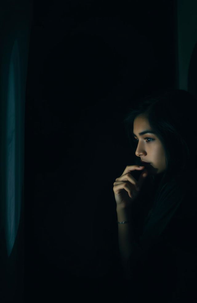 A mysterious scene in a dimly lit room, featuring a shadowy figure with deep black eyes that resemble endless voids, staring intently at a young woman named Rani