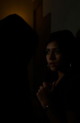 A mysterious scene in a dimly lit room, featuring a shadowy figure with deep black eyes that resemble endless voids, staring intently at a young woman named Rani