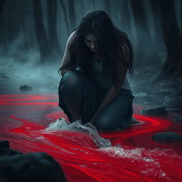 A large, emotional woman kneeling beside a flowing river, with her head bowed as she weeps