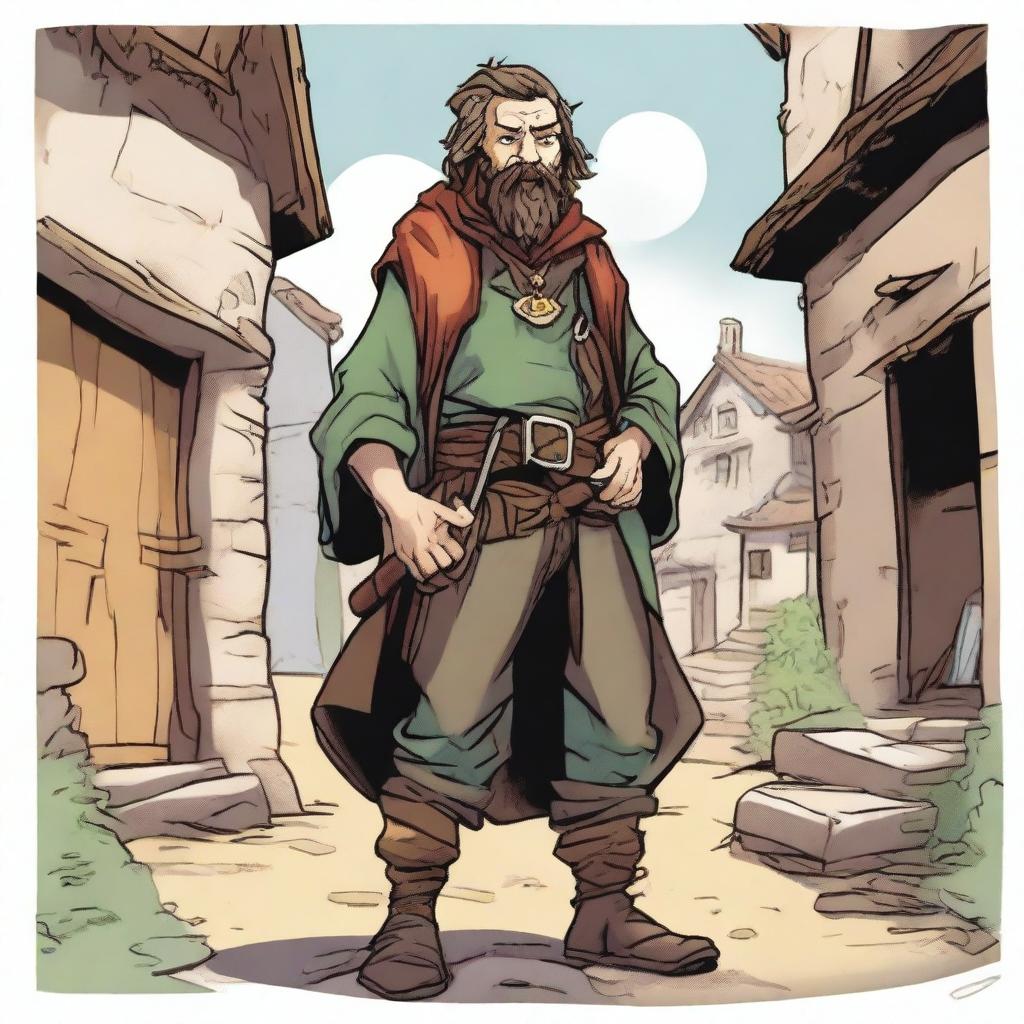 An epic, high-quality comic book-style illustration of a tall, zany, and funny bard, who resembles a homeless vagrant from a fantasy Dungeons and Dragons setting