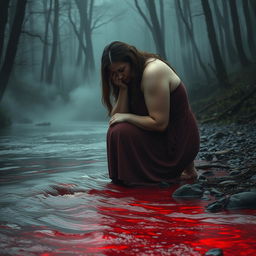 A large, emotional woman kneeling beside a flowing river, with her head bowed as she weeps
