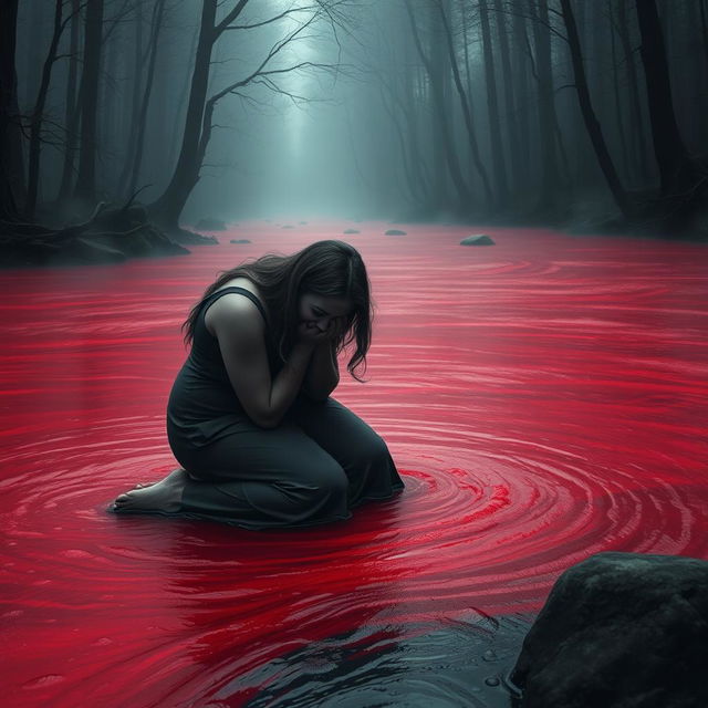 A large, emotional woman kneeling beside a flowing river, with her head bowed as she weeps