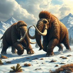 An epic battle scene featuring a mammoth and a mastodon in a prehistoric landscape