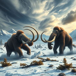 An epic battle scene featuring a mammoth and a mastodon in a prehistoric landscape