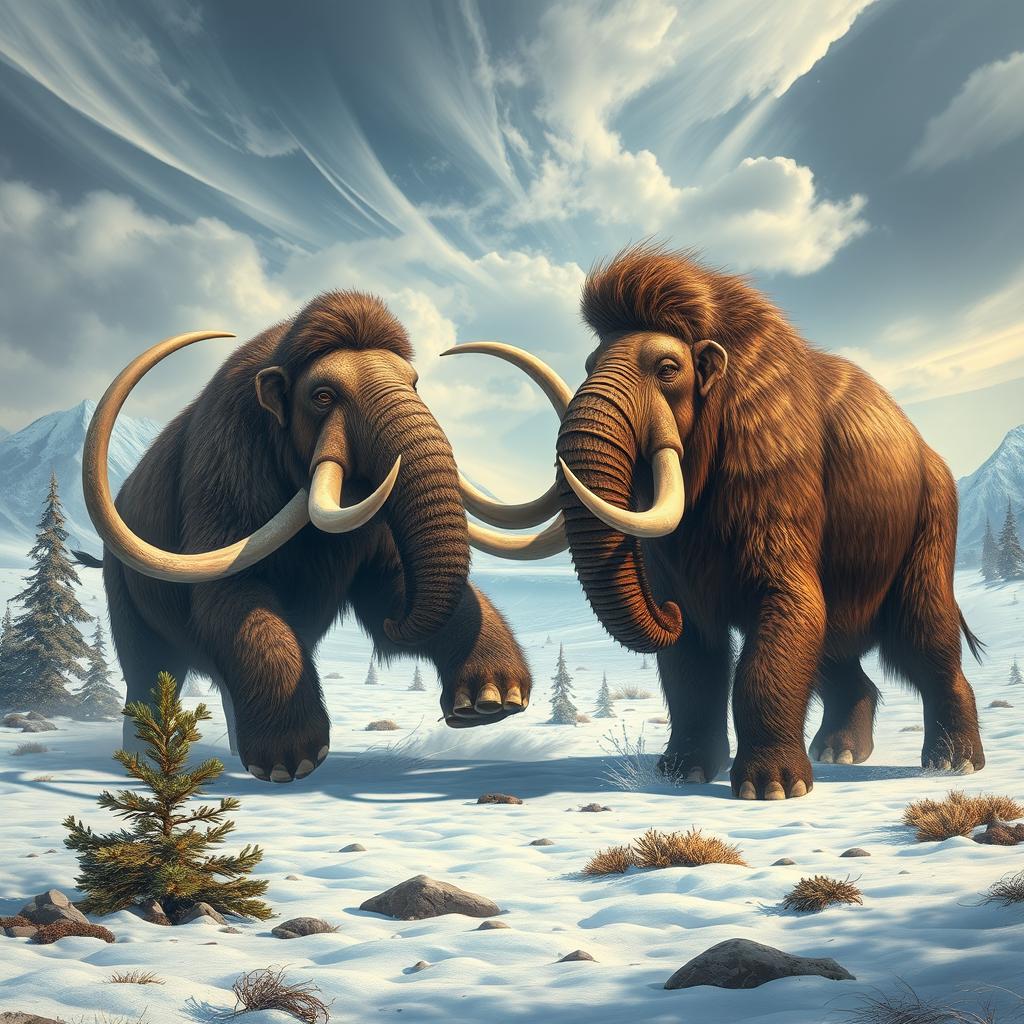 An epic battle scene featuring a mammoth and a mastodon in a prehistoric landscape