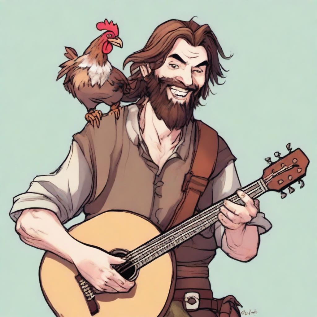 This is an ultra-realistic comic-style image of an ugly bard in scruffy rags, smiling as he plays a lute