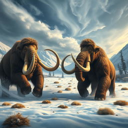 An epic battle scene featuring a mammoth and a mastodon in a prehistoric landscape