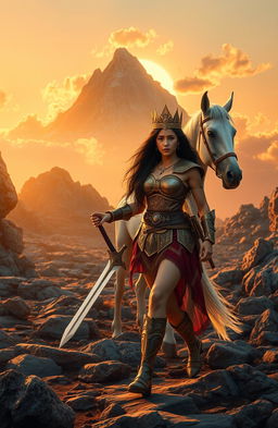 In a rugged, rocky landscape where the sun sets casting golden rays over the terrain, a brave young woman strides confidently