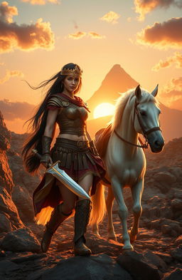 In a rugged, rocky landscape where the sun sets casting golden rays over the terrain, a brave young woman strides confidently