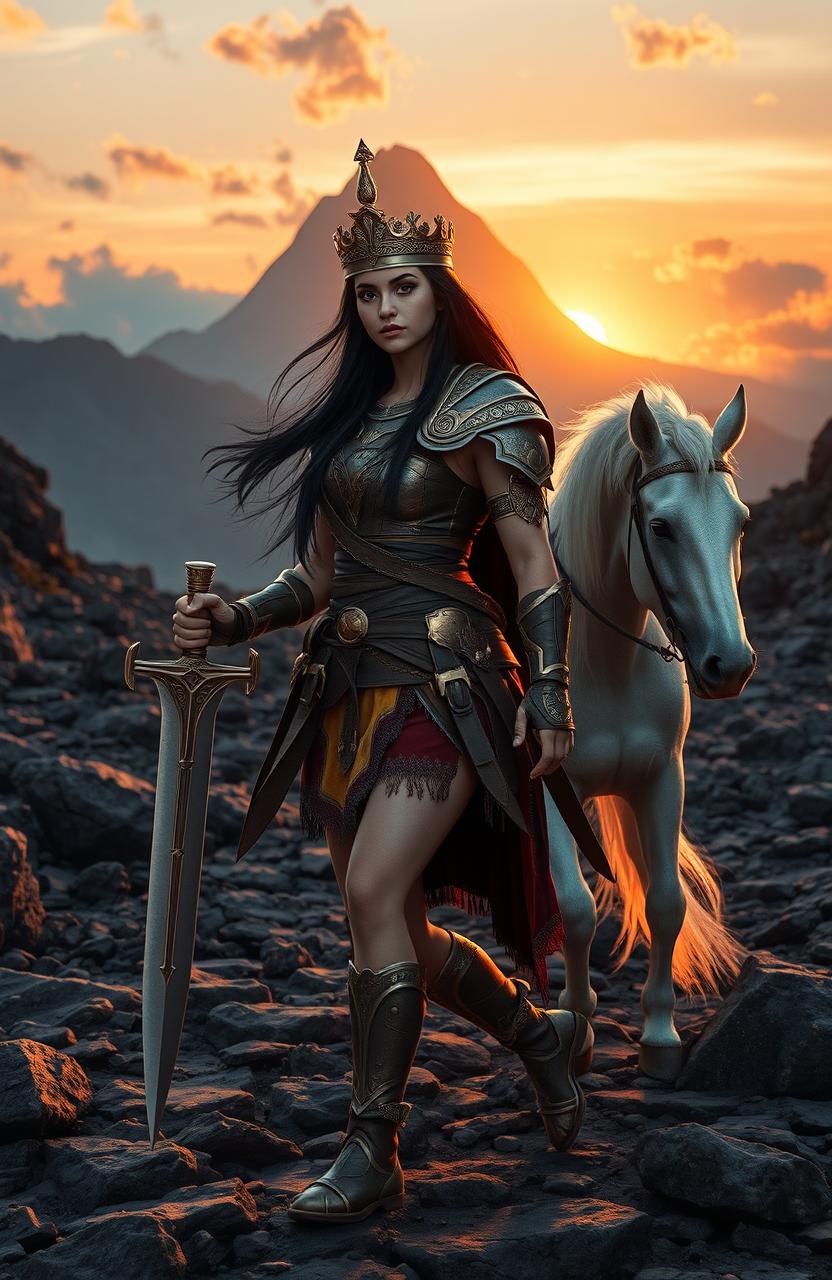 In a rugged, rocky landscape where the sun sets casting golden rays over the terrain, a brave young woman strides confidently