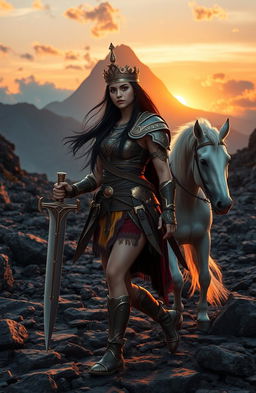 In a rugged, rocky landscape where the sun sets casting golden rays over the terrain, a brave young woman strides confidently