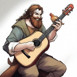 This is an ultra-realistic comic-style image of an ugly bard in scruffy rags, smiling as he plays a lute