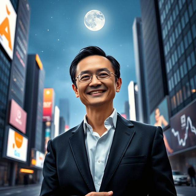 A portrait of Jack Ma, the co-founder of Alibaba Group, portrayed in an inspiring and dynamic way