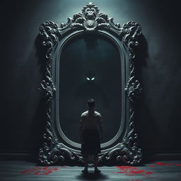An antique mirror stands in the center of a darkened room with a lavishly carved heavy silver frame, exuding a mystical aura