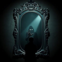 An antique mirror stands in the center of a darkened room with a lavishly carved heavy silver frame, exuding a mystical aura