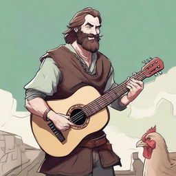 This is an ultra-realistic comic-style image of an ugly bard in scruffy rags, smiling as he plays a lute