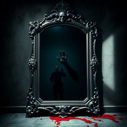 An antique mirror stands in the center of a darkened room with a lavishly carved heavy silver frame, exuding a mystical aura