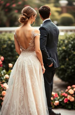 A beautiful woman in an elegant dress with a flowing silhouette, standing with her back facing a dapper man who is admiring her