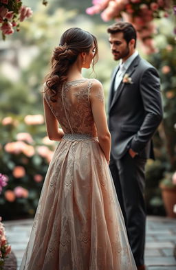 A beautiful woman in an elegant dress with a flowing silhouette, standing with her back facing a dapper man who is admiring her