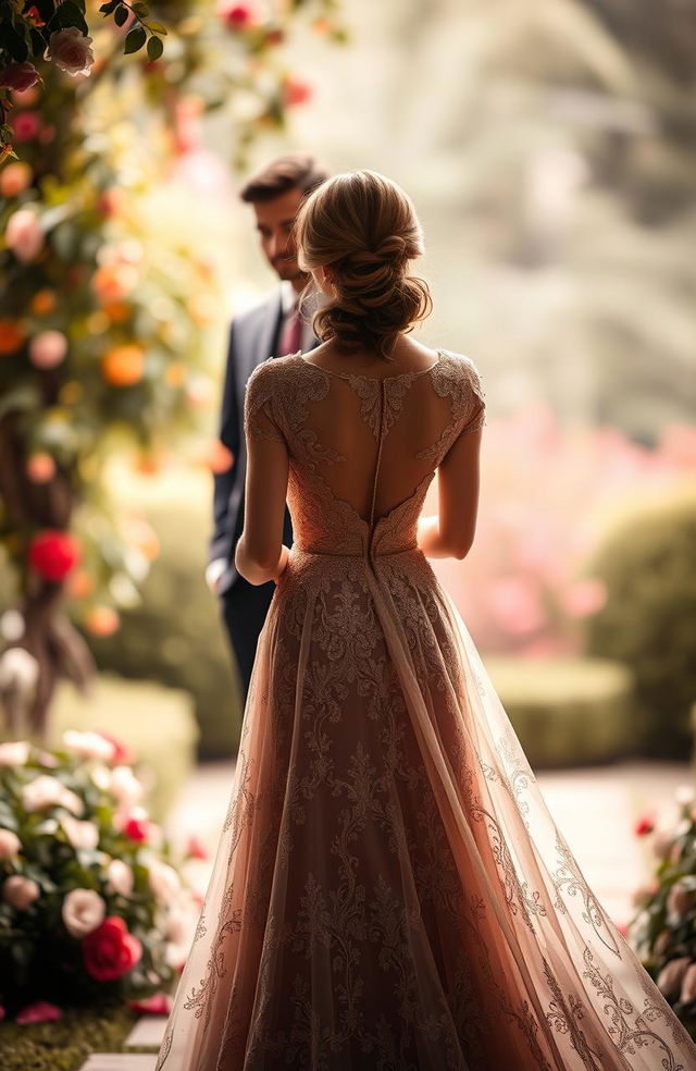 A beautiful woman in an elegant dress with a flowing silhouette, standing with her back facing a dapper man who is admiring her