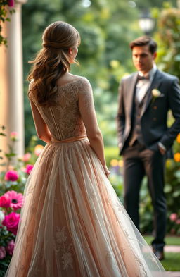 A beautiful woman in an elegant dress with a flowing silhouette, standing with her back facing a dapper man who is admiring her
