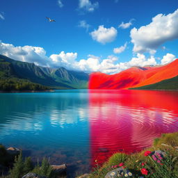 A stunning lake with a striking contrast, one half of the water is a vivid red, resembling a surreal dreamscape, while the other half displays a serene, natural blue hue