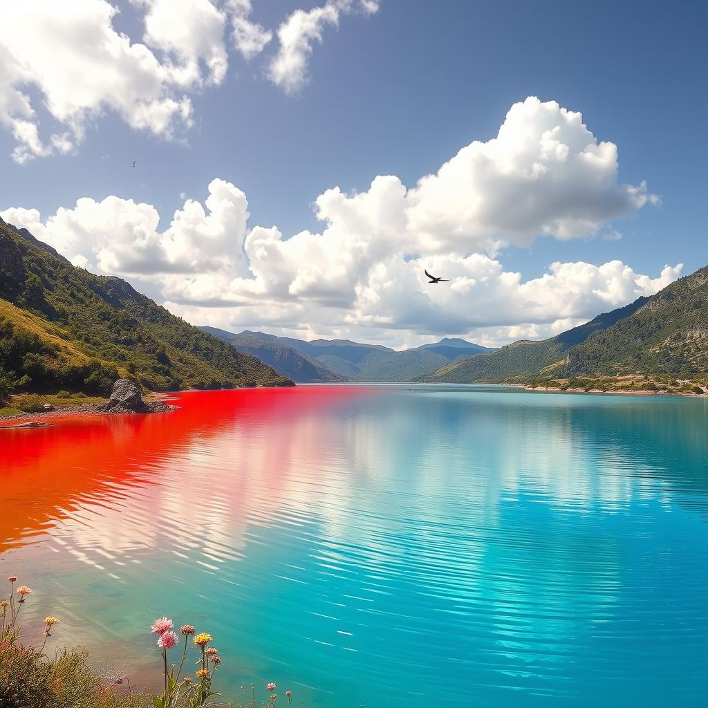 A stunning lake with a striking contrast, one half of the water is a vivid red, resembling a surreal dreamscape, while the other half displays a serene, natural blue hue