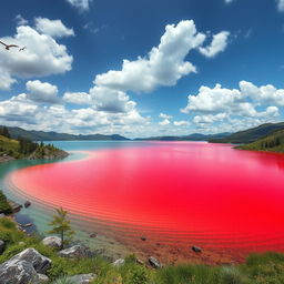 A stunning lake with a striking contrast, one half of the water is a vivid red, resembling a surreal dreamscape, while the other half displays a serene, natural blue hue