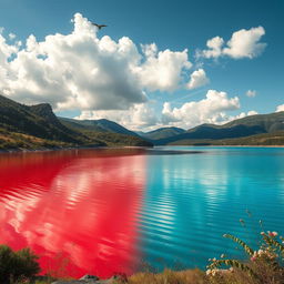 A stunning lake with a striking contrast, one half of the water is a vivid red, resembling a surreal dreamscape, while the other half displays a serene, natural blue hue