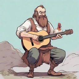 This is an ultra-realistic comic-style image of an ugly bard in scruffy rags, smiling as he plays a lute